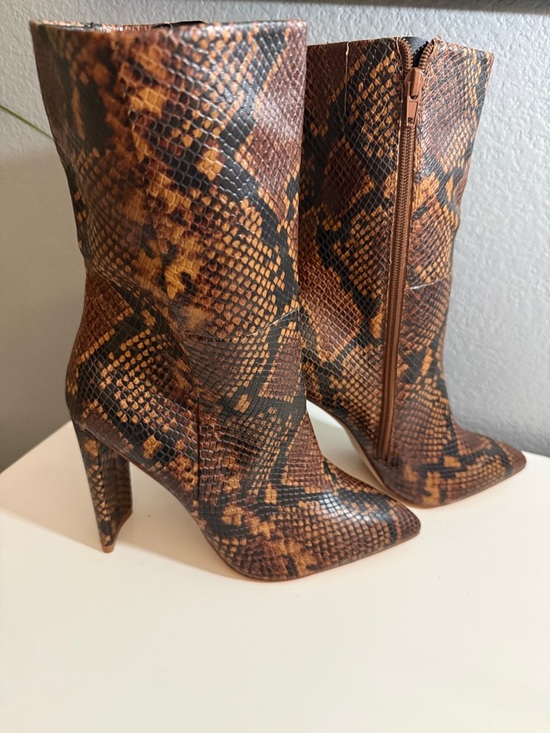 Aldo Shoes - Aldo Tan and Black Snake-Print High Heel Mid-Calf Boots